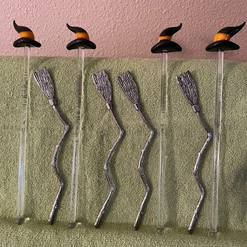 Blown Glass Witch Hat Stir Sticks Metal Broom Stir Sticks lot of 8!